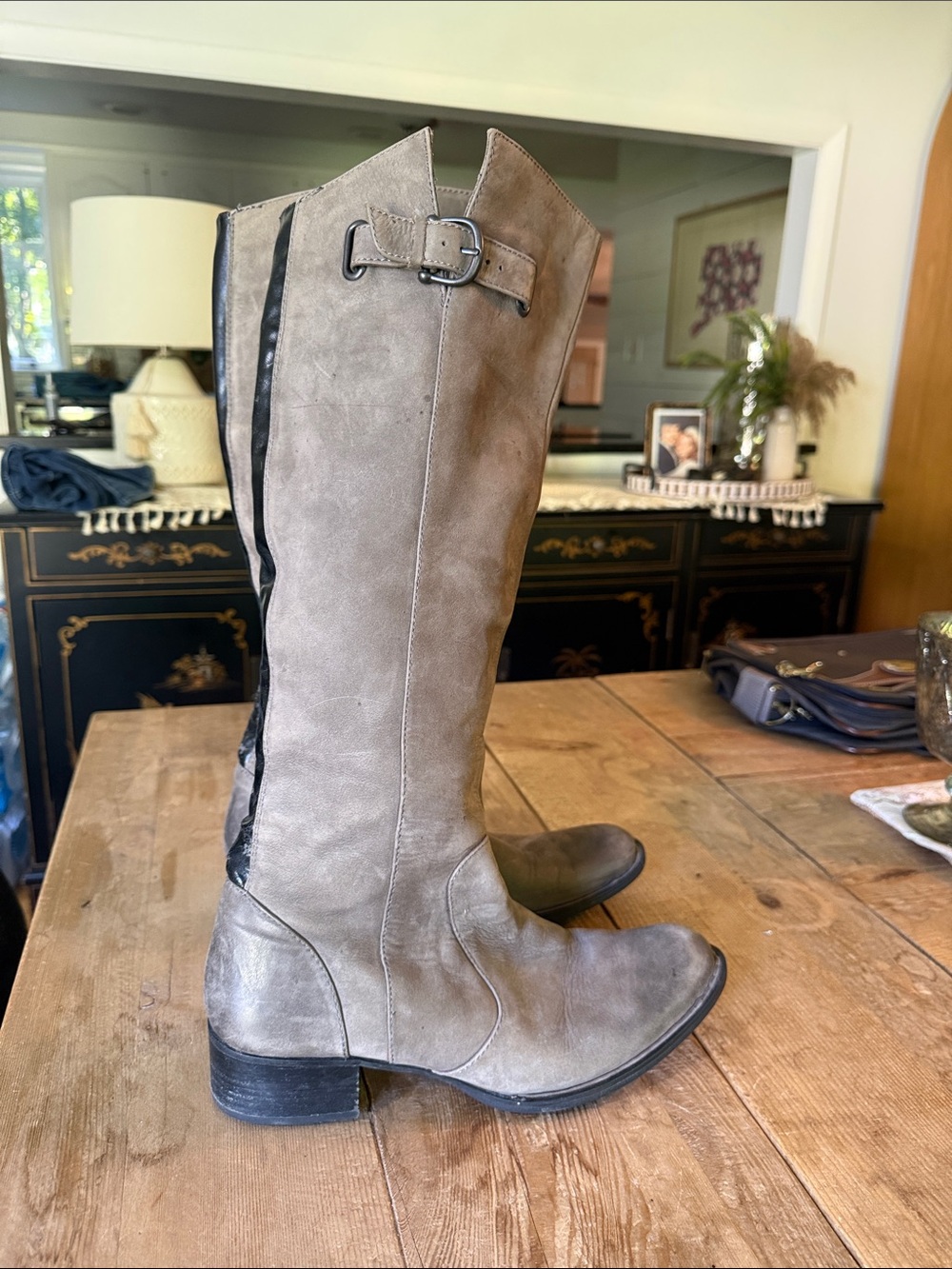 Women's Tall Taupe Riding Boots with Buckle Accent